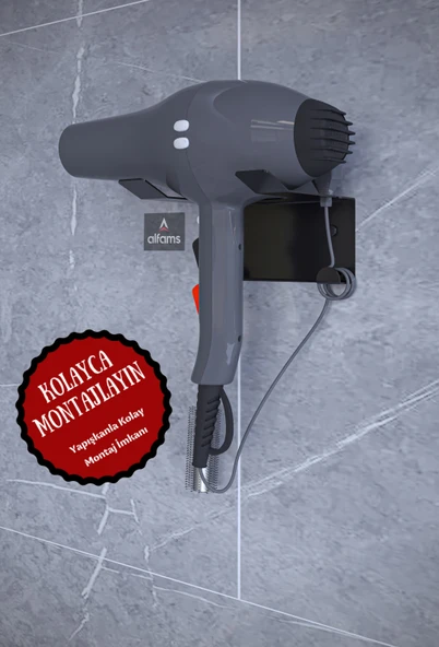 Saç Kurutma Makinesi Tutacağı, Banyo Lavabo Fön Makinesi Askısı Ultra Güçlü Yapışkanlı Siyah
