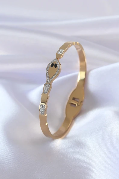 HEYF 316L Çelik Gold Renk Yılan Model Zirkon Taş Detay Kadın Kelepçe ürün görseli 1