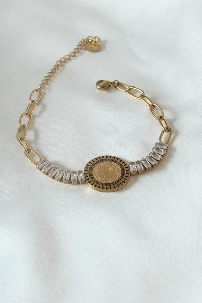 HEYF 316L Çelik Gold Renk Tam Altın Modelli Zirkon Taşlı Kadın Bileklik ürün görseli 1