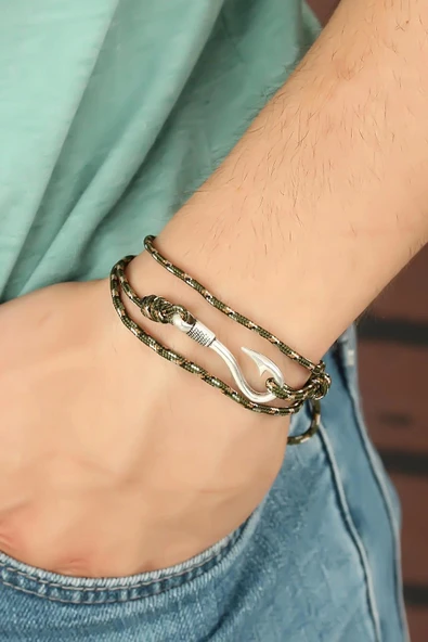 HEYF Krem Çizgi Desenli Metal Kancalı Erkek Bileklik