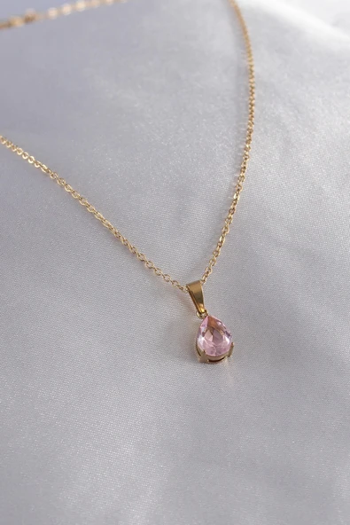 HEYF 316L Çelik Gold Renk Damla Model Kristal Taşlı Kadın Kolye - Resim 2