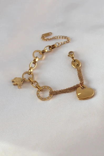 HEYF 316L Çelik Gold Renk 2'li Zincir Model Zirkon Taş Detay Kadın Bileklik ürün görseli 1