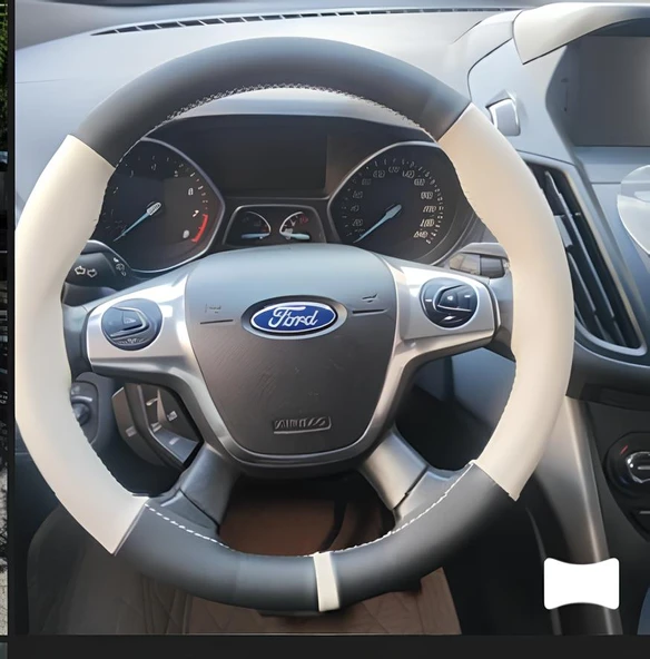 DİKİŞLİ DİREKSİYON KILIFI SİYAH BEJ DERİ BEJ YÜZÜK / DİKİŞLİ FORD FOCUS İÇİN ürün görseli