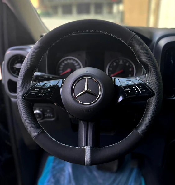 DİKİŞLİ DİREKSİYON KILIFI NUBUK DERİ NOKTALI DERİ GRİ YÜZÜK GRİ DİKİŞLİ MERCEDES VİTO İÇİN - 1