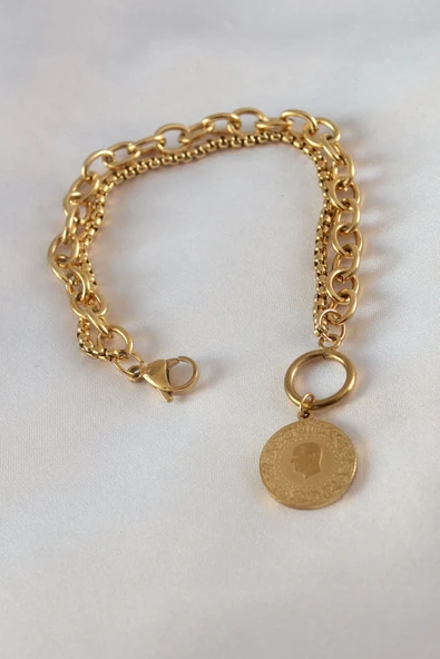 HEYF 316L Çelik Gold Renk 2'li Zincir Model Çeyrek Altınlı Kadın Bileklik ürün görseli 1