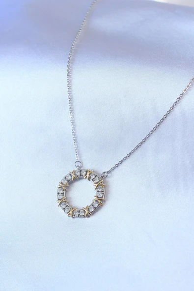 HEYF 316L Çelik Gümüş Renk Zirkon Taşlı Gold Detay Xoxo Kadın Kolye - Resim 2