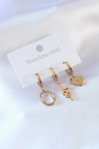 HEYF 316L Çelik Gold Renk Yılan Model Kalp Detay Zirkon Taşlı Kadın Küpe