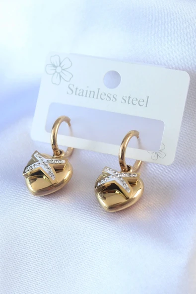 HEYF 316L Çelik Gold Renk Zirkon Taş Detay Kalp Model Kadın Küpe ürün görseli 1