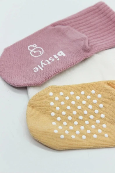Eterelle Kaymaz Penye Soket Çorap 3'lü  Pudra Ekru Somon - Resim 3