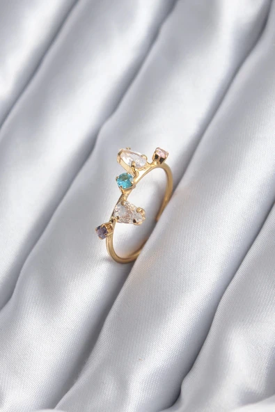 HEYF Gold Renk Renkli Zirkon Taşlı Kadın Yüzük ürün görseli 1