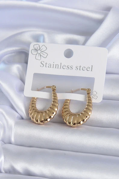 HEYF 316L Çelik Gold Renk İşlemeli Halka Model Kadın Küpe ürün görseli 1