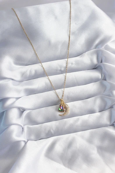 HEYF 316L Çelik Zincir Gold Renk Zirkon Taşlı Hilal Kristal Kalp Model Kadın Kolye - Resim 2