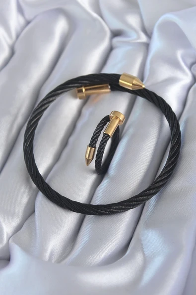 HEYF 316L Çelik Siyah Renk Gold Detay Sarmal Model Erkek Bileklik Yüzük Kombini