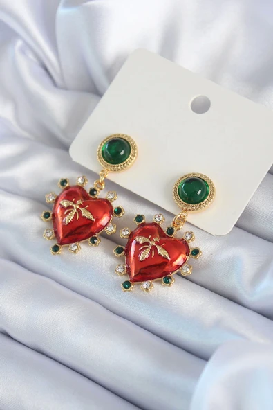 HEYF Gold Renk Kırmızı Kalp Model Zirkon Taş Detay Pirinç VİP Kadın Küpe