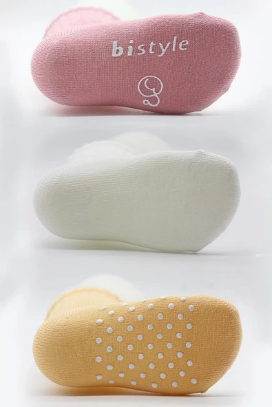 Eterelle Kaymaz Penye Soket Çorap 3'lü  Pudra Ekru Somon - Resim 3