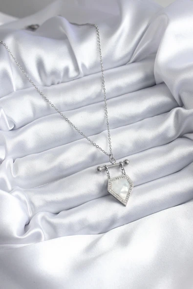 HEYF 316L Çelik Gümüş Renk Zirkon Taş Detay Kadın Kolye - Resim 2