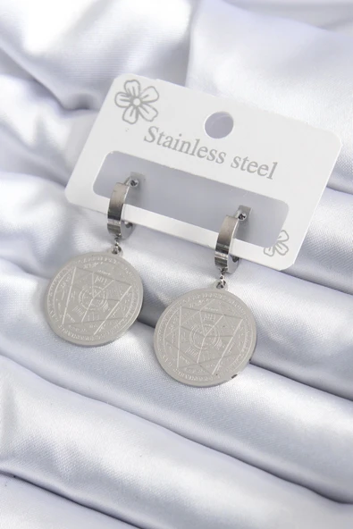 HEYF 316L Çelik Gümüş Renk Pentagram İşleme Model Kadın Küpe ürün görseli