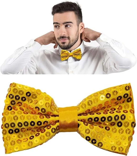 Gece Işıltısı Altın Payetli Pullu Papyon 7x2 Cm - 3