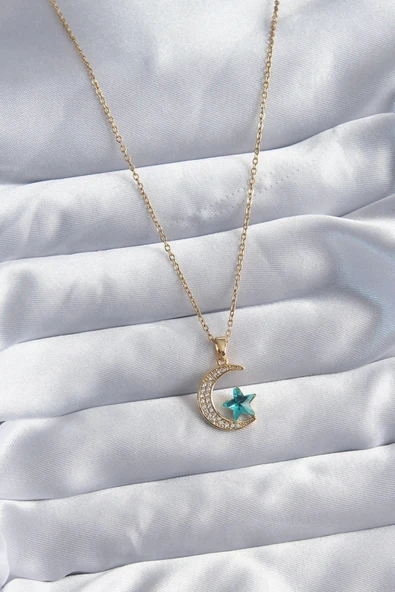 HEYF 316L Çelik Gold Renk Zincir Zirkon Taş Detay Hilal Yıldızı Figür Kadın Kolye ürün görseli 1