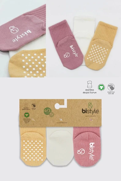 Eterelle Kaymaz Penye Soket Çorap 3'lü  Pudra Ekru Somon - Resim 6