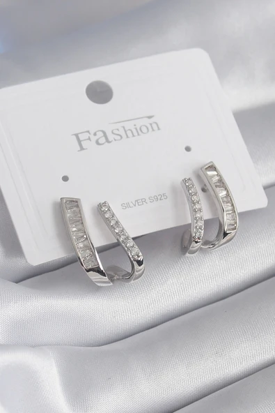 HEYF Pirinç Gümüş Renk Zirkon Taşlı Kadın Küpe ürün görseli 1