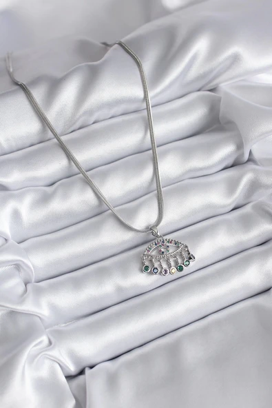 HEYF 316L Çelik Gümüş Renk İtalyan Zincir Zirkon Taşlı Göz Figür Kadın Kolye - Resim 2