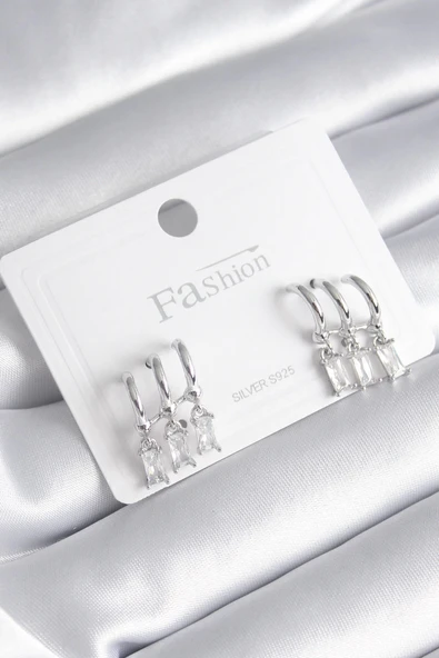 HEYF Pirinç Gümüş Renk 3'lü Sallantı Zirkon Taşlı Küpe ürün görseli 1