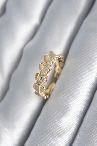 HEYF Pirinç Gold Renk Kalp Model İnci Detay Kadın Yüzük ürün görseli