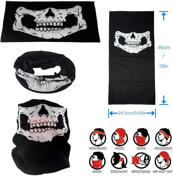 Siyah Renk Dikişsiz Çok Fonksiyonlu Çene Kafatası Yüz Maskesi Baf Buff Bandana Boyunluk Bileklik - 3