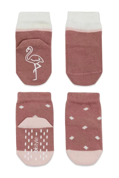 Eterelle Hayvan Figür Kaymaz Kız Soket Çorap 2'li  Pudra - Resim 3