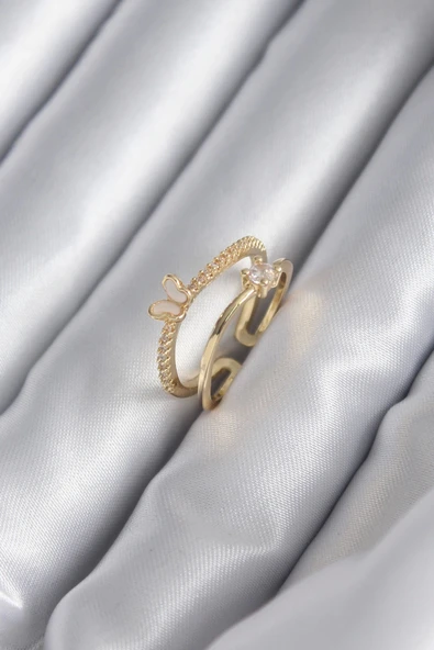 HEYF Pirinç Gold Renk Zirkon Taş Detay Kelebek Model Kadın Yüzük ürün görseli 1