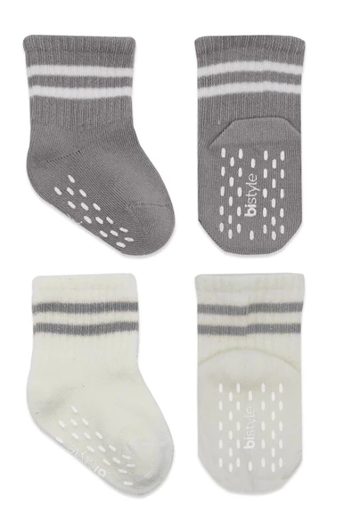 Eterelle Çemberli Kaymaz Soket Çorap 2'li  Gri Ekru - Resim 2