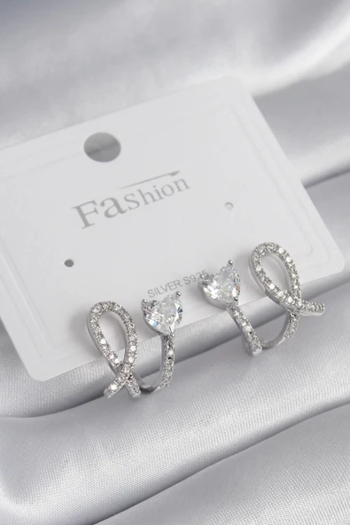 HEYF Pirinç Gümüş Renk Kalp Model Zirkon Taşlı Kadın Küpe ürün görseli