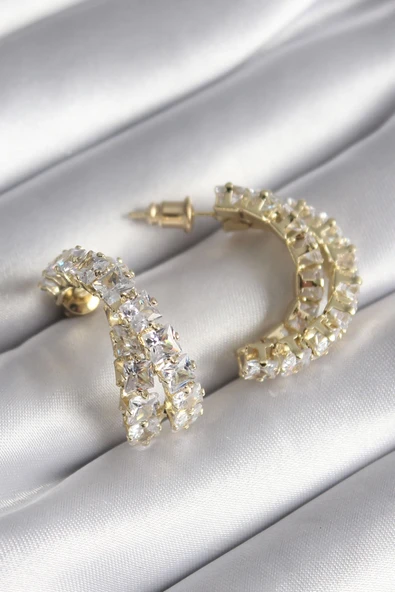 HEYF Pirinç Gold Renk Zirkon Taşlı Kadın Küpe ürün görseli 1