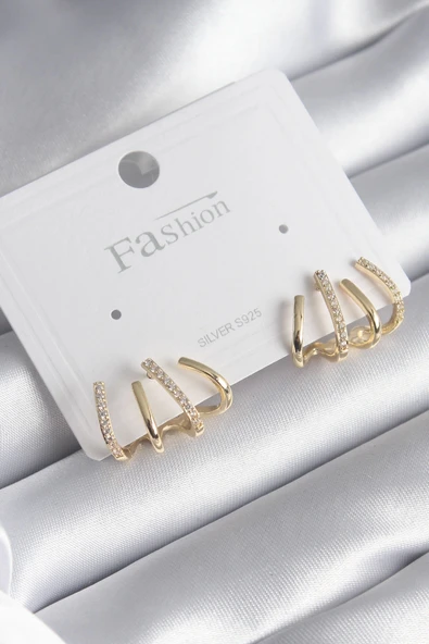 HEYF Pirinç Gümüş Renk Zirkon Taşlı Çatal Model Kadın Küpe ürün görseli 1