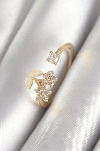 HEYF Pirinç Gold Renk Zirkon Taşlı Çiçek Model Kadın Yüzük ürün görseli 1