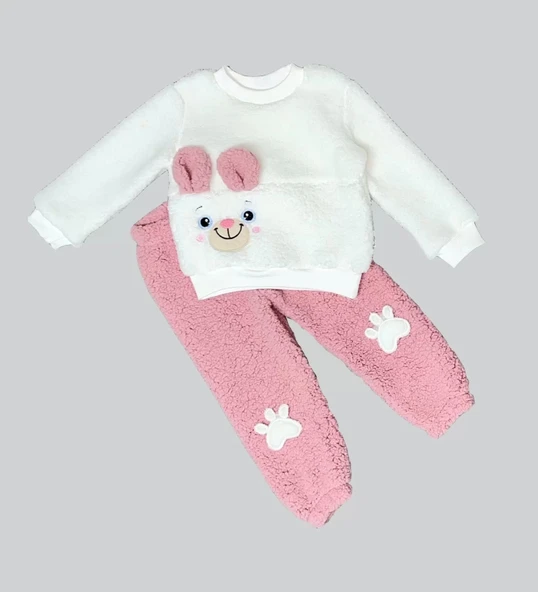 Eterelle 1-2-3 Yaş Kulaklı Patili Ayıcık Kuzu Kumaş Sweat Patili Pantolon Uzun Kollu Kız Erkek 2 Li Takımı Gül Kurusu