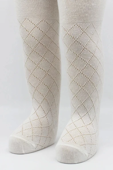 Eterelle Tekli Ekose Kabartma Penye Külotlu Çorap Bs50105 Ekru - Resim 2