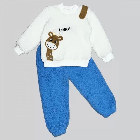 Eterelle 1-2-3 Yaş Hello Zürafa Nakışlı Kuzu Kumaş Sweat Pantolon Uzun Kollu Kız Erkek 2 Li Takımı Saks Mavisi