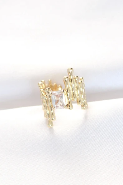 HEYF Gold Renk Tırtıklı Kalın Baget Taş Tasarım Ayarlanabilir Yüzük ürün görseli 1