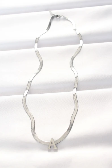 HEYF 316L Çelik A Harfli Silver Renk İtalyan Zincirli Kolye - Resim 2