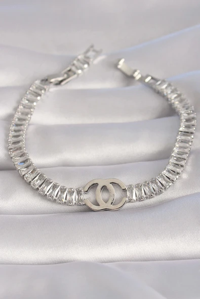 HEYF Pirinç Gümüş Renk Zirkon Taşlı Su Yolu Model VIP Seri Kadın Bileklik ürün görseli 1