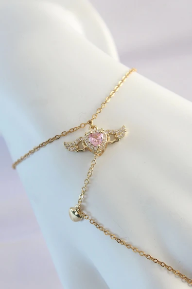 HEYF 316L Çelik Gold Renk Pembe Zirkon Taşlı Kanatlı Kalp Model Şahmeran - 2