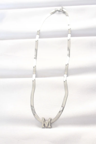 HEYF 316L Çelik M Harfli Silver Renk İtalyan Zincirli Kolye - Resim 2