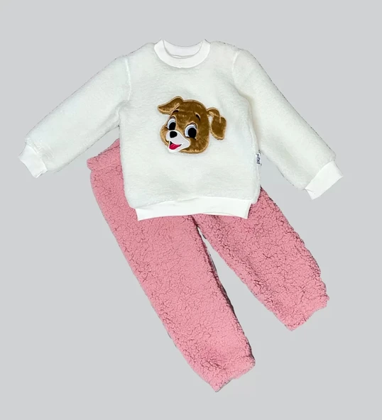 Eterelle 1-2-3 Yaş Mutlu Köpekcik Nakışlı Kuzu Kumaş Sweat Patili Pantolon Uzun Kollu Kız Erkek 2 Li Takımı Gül Kurusu