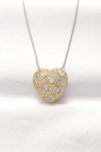 HEYF 316L Çelik Çift Renk Zirkon Taşlı Kalp Kolye ürün görseli 1