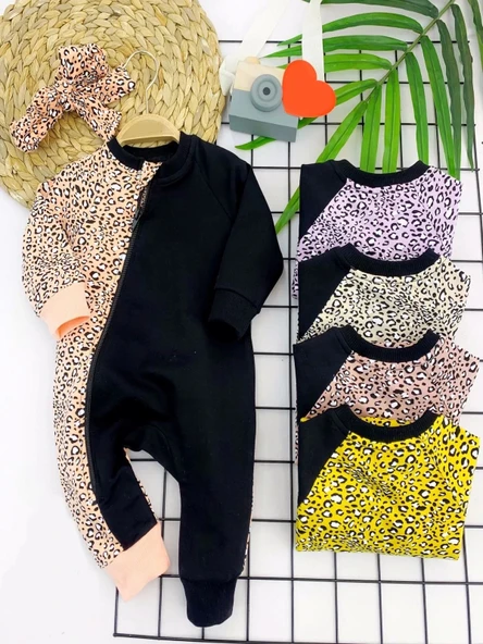 Eterelle 3-6-9-12 Ay Bandanalı Leopar Desenlı Fermuar Kapama Kız Bebek Tulumu Lila