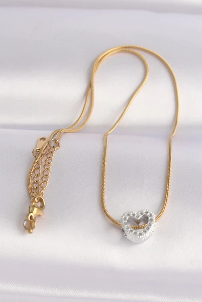 HEYF 316L Çelik Zincir Altın Renk Zincirli Gümüş Renk Kalp Tasarımlı Kolye - 2