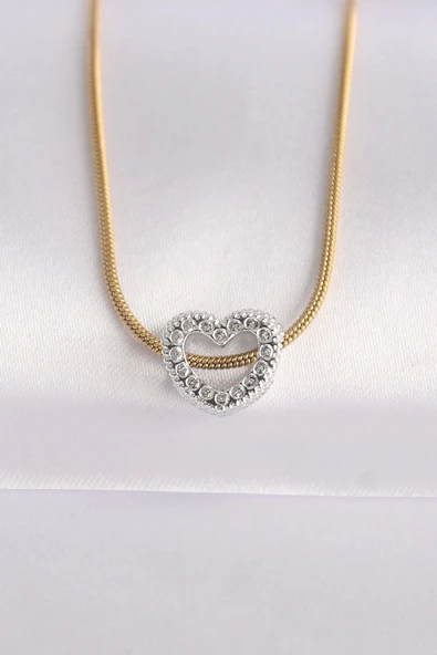 HEYF 316L Çelik Zincir Altın Renk Zincirli Gümüş Renk Kalp Tasarımlı Kolye