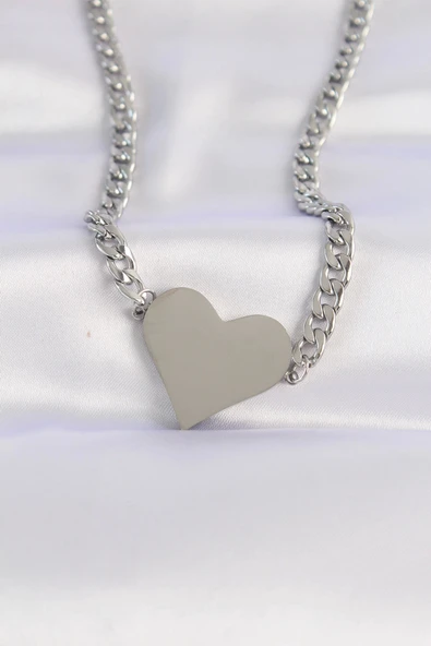 HEYF 316L Çelik Zincir Gümüş Renk Düz Plaka Kalp Kolye ürün görseli 1